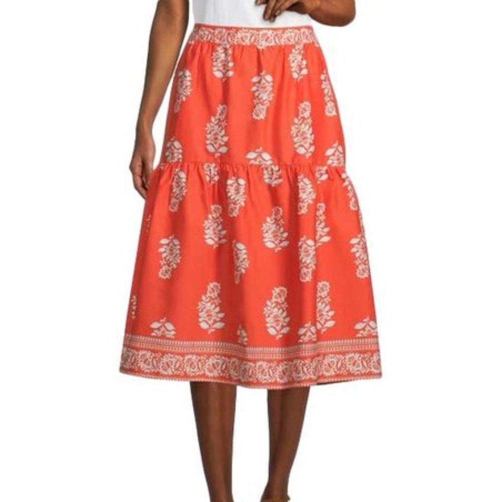 Orange floral tiered midi skirt